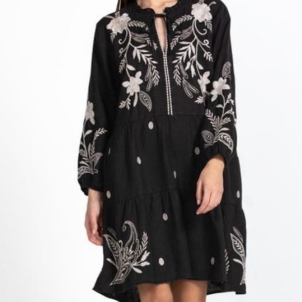 Johnny Was Black Mini Dress with Cream Floral Embroidery